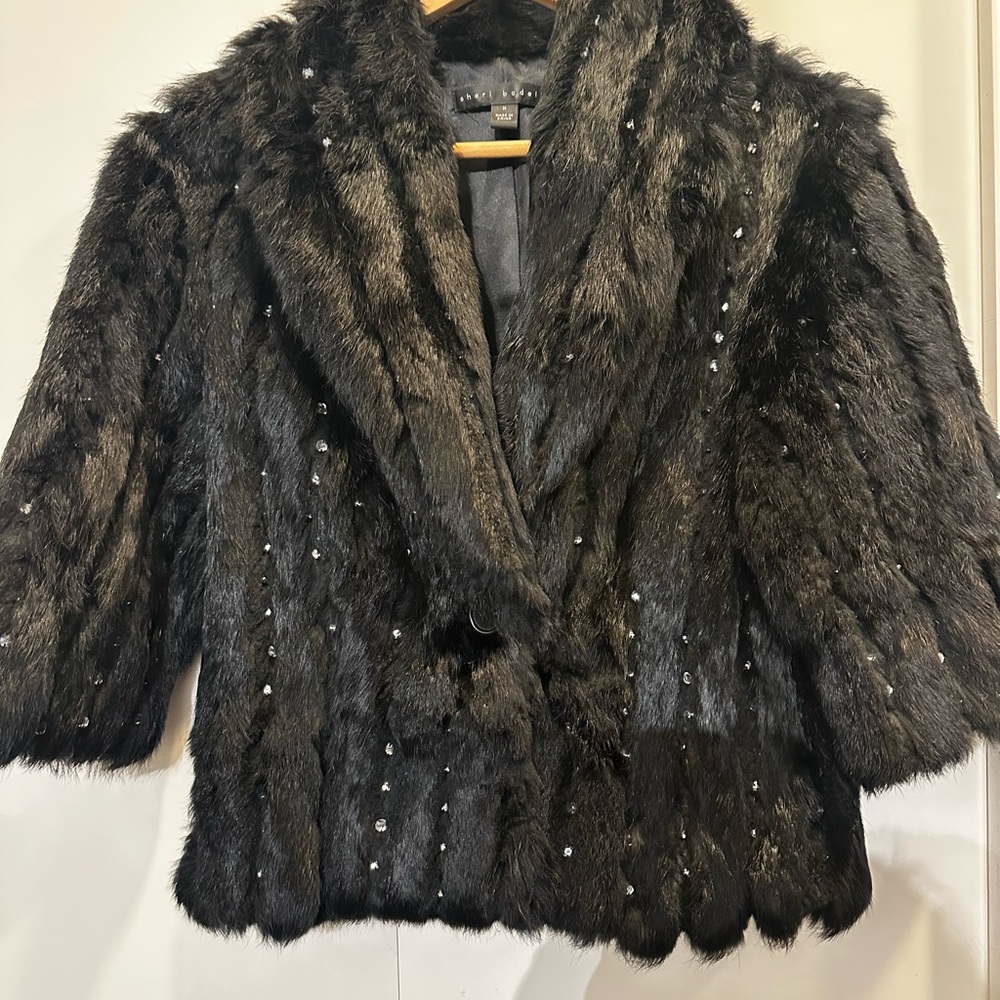 Sheri Bodell Black Crystal Embellished Rabbit Fur Cropped Jacket - Women’s S/M
